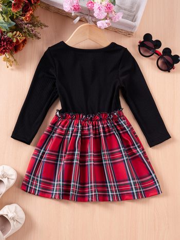 Dječja karirana haljina s trakom, dugi rukavi, okrugli izrez, A-linija, patchwork stil, tkanina od pamuka-mješavine