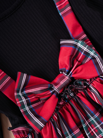 Dječja karirana haljina s trakom, dugi rukavi, okrugli izrez, A-linija, patchwork stil, tkanina od pamuka-mješavine