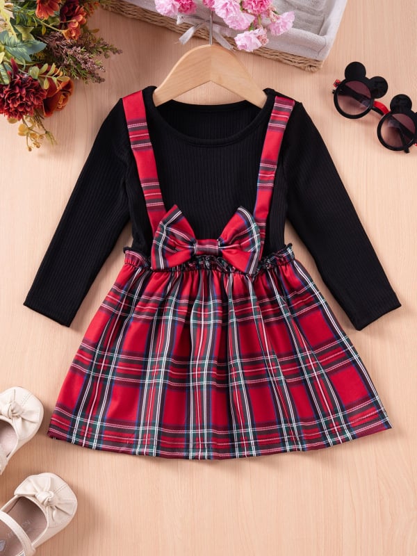 Dječja karirana haljina s trakom, dugi rukavi, okrugli izrez, A-linija, patchwork stil, tkanina od pamuka-mješavine