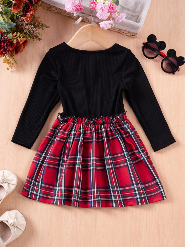 Dječja karirana haljina s trakom, dugi rukavi, okrugli izrez, A-linija, patchwork stil, tkanina od pamuka-mješavine