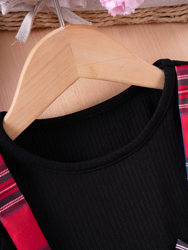 Dječja karirana haljina s trakom, dugi rukavi, okrugli izrez, A-linija, patchwork stil, tkanina od pamuka-mješavine