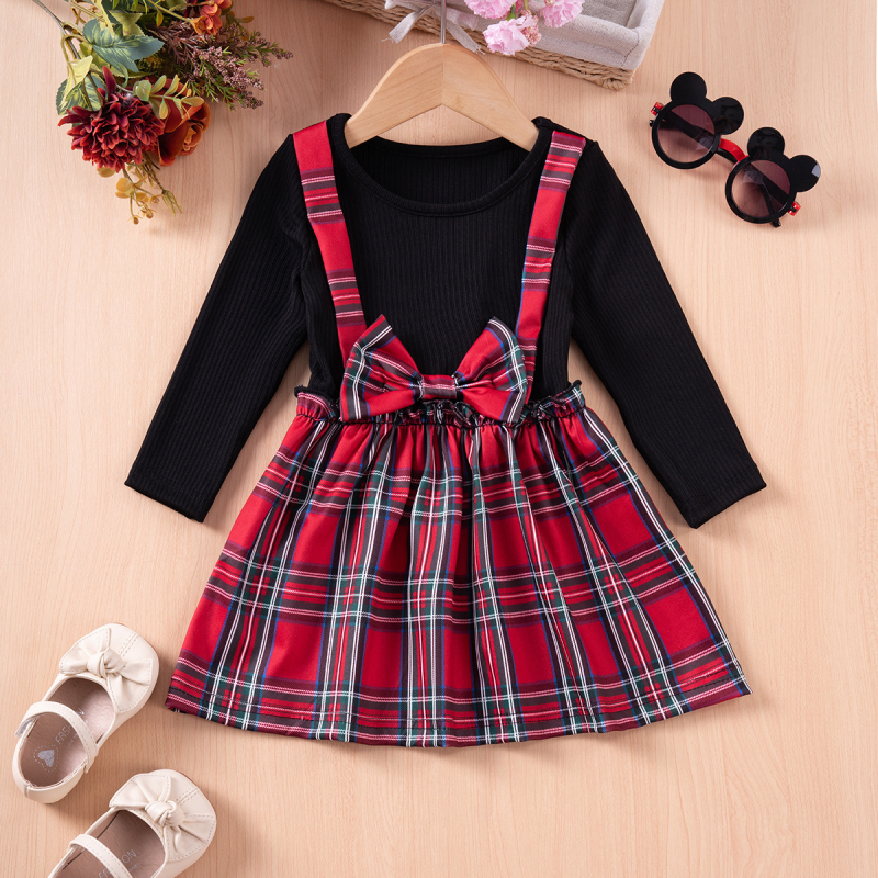 Dječja karirana haljina s trakom, dugi rukavi, okrugli izrez, A-linija, patchwork stil, tkanina od pamuka-mješavine