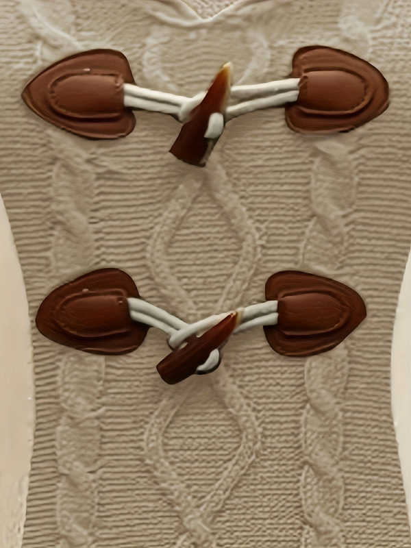 Rochie tricotată cu detaliu cataramă din corn, decolteu în V, mâneci lungi, lungime medie, siluetă hip-skirt, material 95% poliester