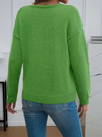 Плетен пуловер с кръгло деколте, паднали рамене, дълъг ръкав, 95%+ полиестер, едноцветен модел