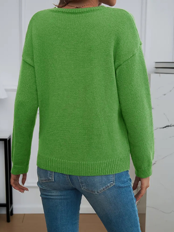 Плетен пуловер с кръгло деколте, паднали рамене, дълъг ръкав, 95%+ полиестер, едноцветен модел