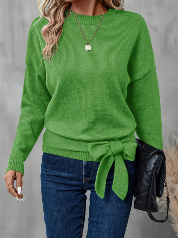 Плетен пуловер с кръгло деколте, паднали рамене, дълъг ръкав, 95%+ полиестер, едноцветен модел