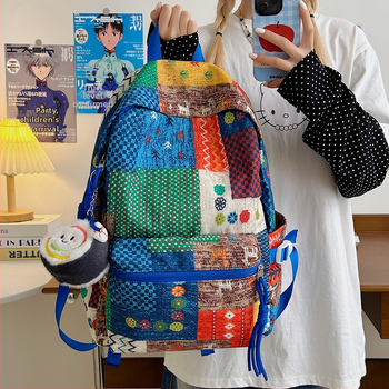 Školská taška pre ženy - kvetinový vzor, jednoduchý dizajn, nylonový materiál, kapacita pod 20 l, priečinok na 14-palcový notebook, zakrivené ramenné popruhy