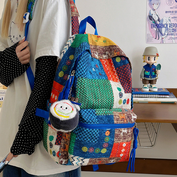 Γυναικεία σχολική τσάντα πλάτης - φλοράλ μοτίβο, απλός σχεδιασμός, νάιλον υλικό, χωρητικότητα κάτω από 20 λίτρα, θήκη για 14 ιντσών φορητό, καμπύλες ιμάνες ώμου