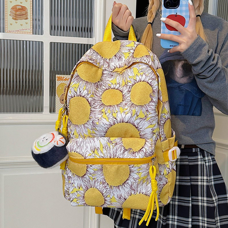 Ženski školski ruksak - cvjetni uzorak, jednostavan dizajn, najlon materijal, kapacitet ispod 20 L, pretinac za 14-inčni prijenosnik, zakrivljene naramenice