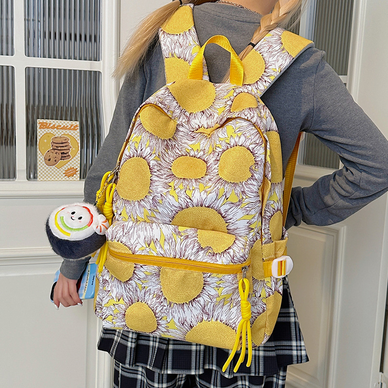 Ženski školski ruksak - cvjetni uzorak, jednostavan dizajn, najlon materijal, kapacitet ispod 20 L, pretinac za 14-inčni prijenosnik, zakrivljene naramenice