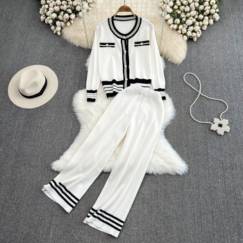 Ženski dvodjelni kostim: pleteni kardigan s okruglim izrezom i kontrastnim dizajnom, hlače visokog struka, ravni kroj, široke nogavice, poliester