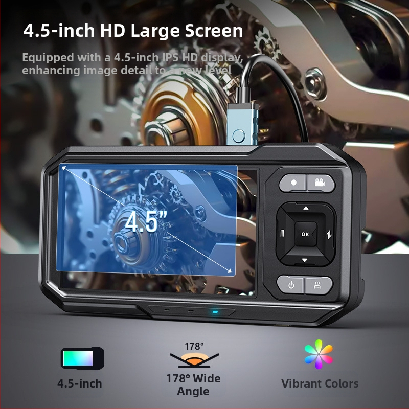 ES02 HD индустриален инспекционен ендоскоп със дисплей — 8 мм сонда, 5 м работна дължина, IP67 водоустойчив, 720P HD дисплей, LED осветление