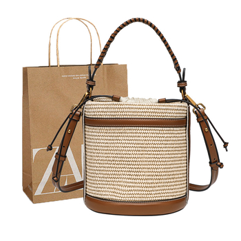 lulukadi Geantă Bucket din paie cu căptușeală din pânză, închidere cu șnur, mânere duble, buzunar pentru telefon și buzunar cu fermoar laminat