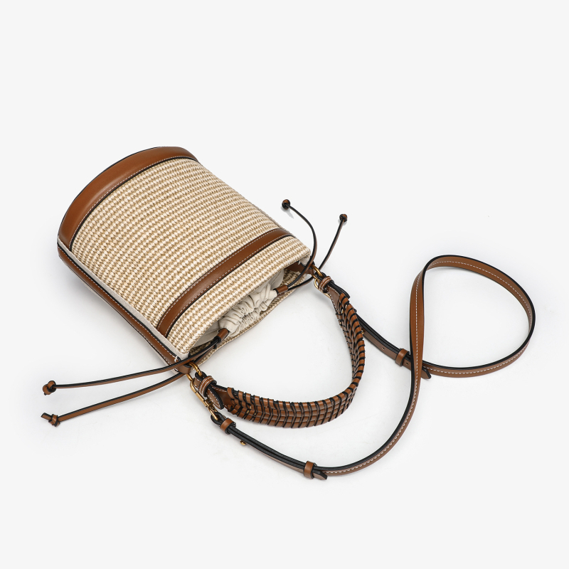 lulukadi Geantă Bucket din paie cu căptușeală din pânză, închidere cu șnur, mânere duble, buzunar pentru telefon și buzunar cu fermoar laminat