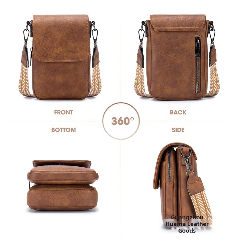 Чанта за мобилен телефон от естествена кожа, горен слой телешка кожа, цип, вертикална квадратна форма, регулируема презрамка за рамо