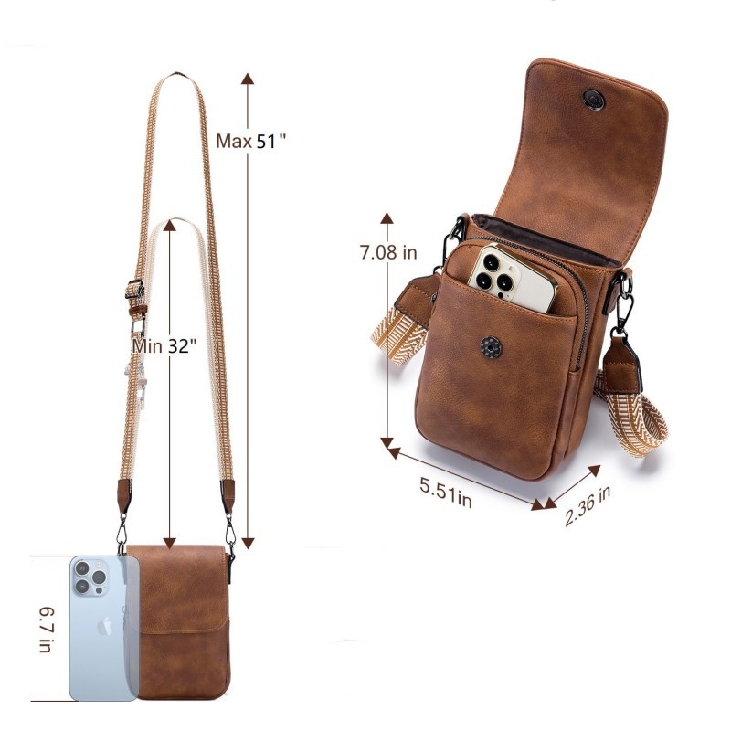 Telefono dėklas iš natūralios odos, viršutinio sluoksnio karvios odos, užtrauktukas, vertikalios kvadratinės formos, reguliuojamas peties diržas