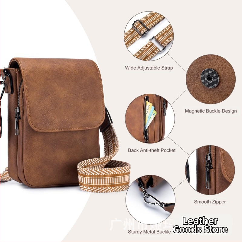 Чанта за мобилен телефон от естествена кожа, горен слой телешка кожа, цип, вертикална квадратна форма, регулируема презрамка за рамо