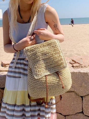 Ψάθινο σακίδιο πλάτης unisex για καθημερινή χρήση, δύο-τροπής μεταφορά, επένδυση πολυεστέρα, φρέσκο και γλυκό στυλ, χωρητικότητα έως 20 L