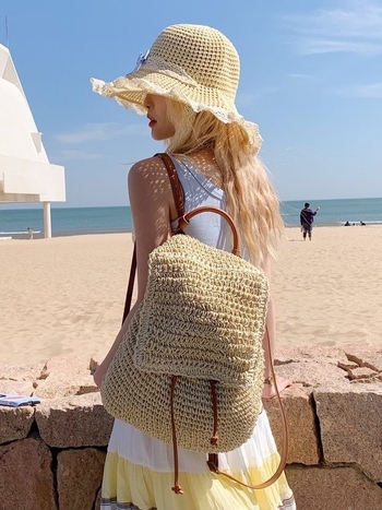 Ψάθινο σακίδιο πλάτης unisex για καθημερινή χρήση, δύο-τροπής μεταφορά, επένδυση πολυεστέρα, φρέσκο και γλυκό στυλ, χωρητικότητα έως 20 L