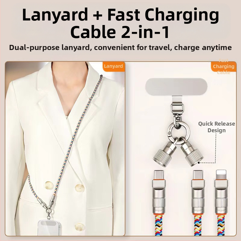 Soson 2-v-1 lanyard kábel pre USB-C a Lightning, tkaný, PD60W rýchle nabíjanie, kovová spona zo zliatiny zinku