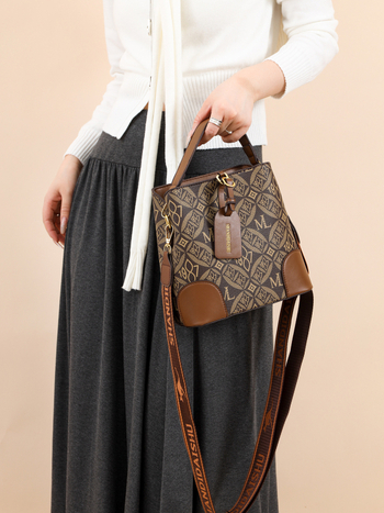 Geantă bucket pentru femei, PU, capacitate mare, imprimeu retro, închidere cu fermoar, buzunare interioare: buzunar cu fermoar și buzunar pentru telefon, căptușeală poliester