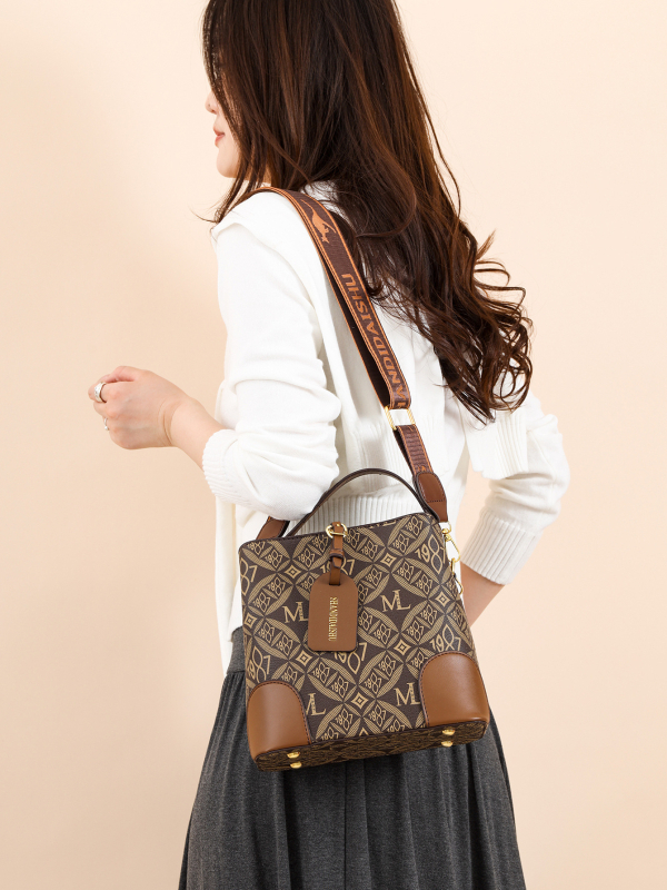 Geantă bucket pentru femei, PU, capacitate mare, imprimeu retro, închidere cu fermoar, buzunare interioare: buzunar cu fermoar și buzunar pentru telefon, căptușeală poliester