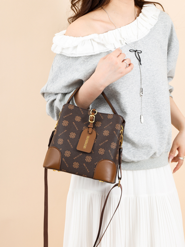 Geantă bucket pentru femei, PU, capacitate mare, imprimeu retro, închidere cu fermoar, buzunare interioare: buzunar cu fermoar și buzunar pentru telefon, căptușeală poliester