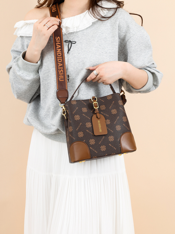 Geantă bucket pentru femei, PU, capacitate mare, imprimeu retro, închidere cu fermoar, buzunare interioare: buzunar cu fermoar și buzunar pentru telefon, căptușeală poliester