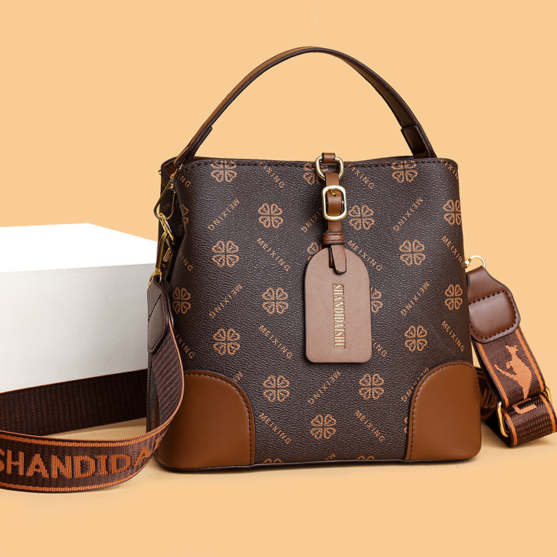 Geantă bucket pentru femei, PU, capacitate mare, imprimeu retro, închidere cu fermoar, buzunare interioare: buzunar cu fermoar și buzunar pentru telefon, căptușeală poliester