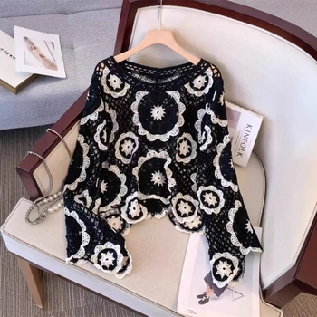 Pamučni kardigan s izvezenim uzorkom, slobodan kroj, dugi rukavi, okrugli izrez, kratka duljina