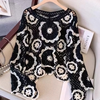 Pamučni kardigan s izvezenim uzorkom, slobodan kroj, dugi rukavi, okrugli izrez, kratka duljina