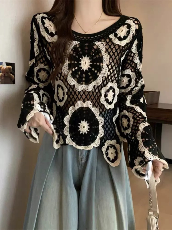 Pamučni kardigan s izvezenim uzorkom, slobodan kroj, dugi rukavi, okrugli izrez, kratka duljina