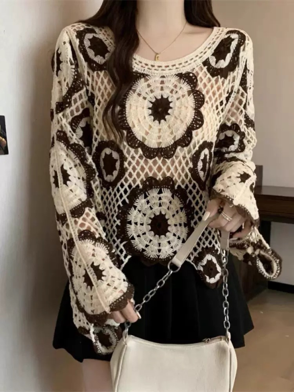 Pamučni kardigan s izvezenim uzorkom, slobodan kroj, dugi rukavi, okrugli izrez, kratka duljina