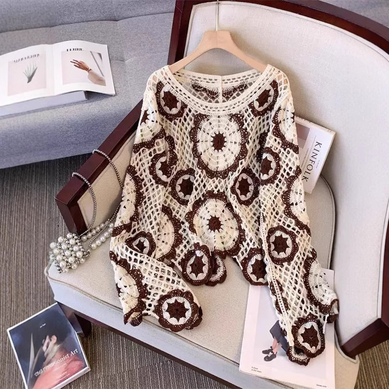 Pamučni kardigan s izvezenim uzorkom, slobodan kroj, dugi rukavi, okrugli izrez, kratka duljina