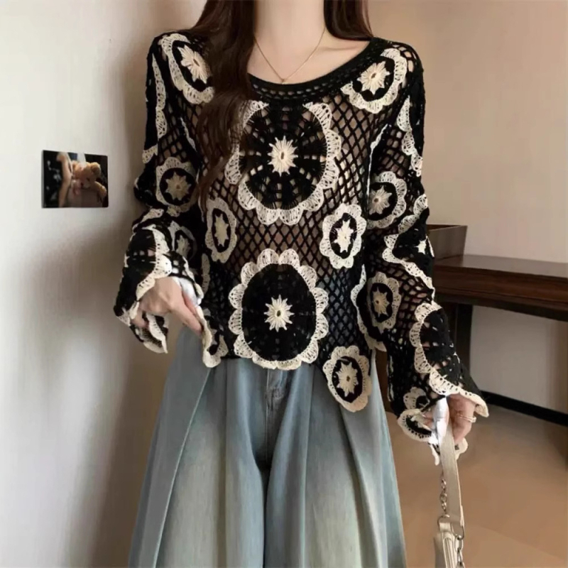 Pamučni kardigan s izvezenim uzorkom, slobodan kroj, dugi rukavi, okrugli izrez, kratka duljina