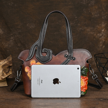 Kožna ženska torba - od prave kože, gornji sloj teleće kože, tote torba s horizontalnim kvadratnim oblikom, zatvaranje zipom, nacionalni stil