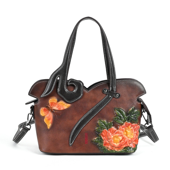 Kožna ženska torba - od prave kože, gornji sloj teleće kože, tote torba s horizontalnim kvadratnim oblikom, zatvaranje zipom, nacionalni stil