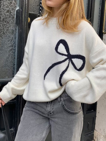 Ženski džemper s alfabetom jacquard, okrugli izrez, srednje težine poliester-spandeks tkanina, 3D uzorak, proljeće 2024