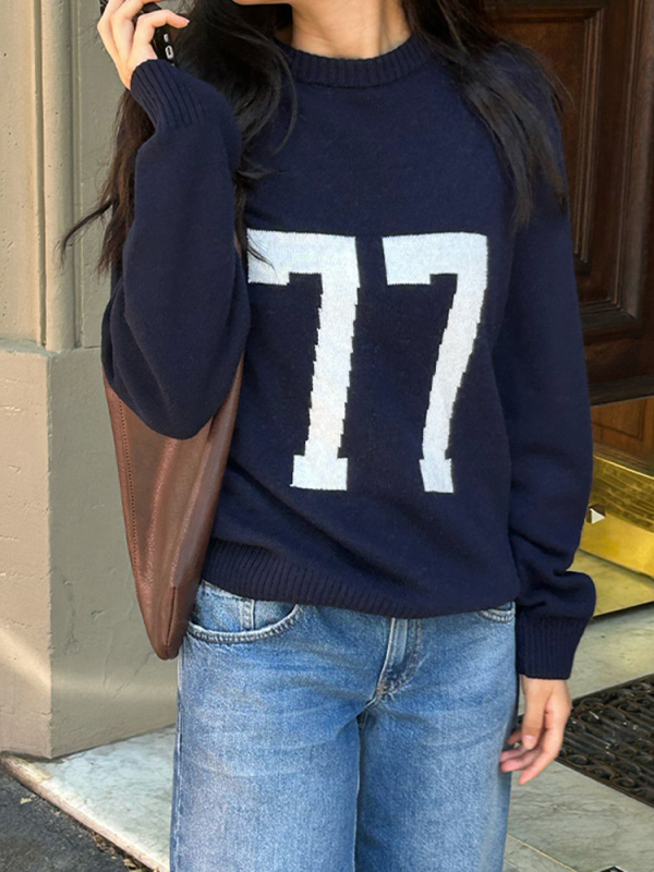 Ženski džemper s alfabetom jacquard, okrugli izrez, srednje težine poliester-spandeks tkanina, 3D uzorak, proljeće 2024