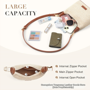 Ženská pletená taška zo slamy – tote taška s jedným ramenným popruhom, zipsové otvorenie, vnútorná zipsová kapsa, kapsa na telefón, polyesterová podšívka.