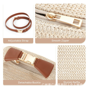 Ženska pletena torba od slame, tote torba s jednim naramenicom, zatvarač, unutarnji džep sa zipom i džep za mobitel, poliester podstava.
