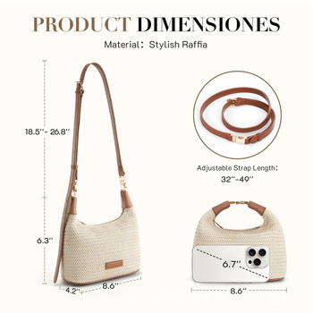 Ženska pletena torba od slame, tote torba s jednim naramenicom, zatvarač, unutarnji džep sa zipom i džep za mobitel, poliester podstava.