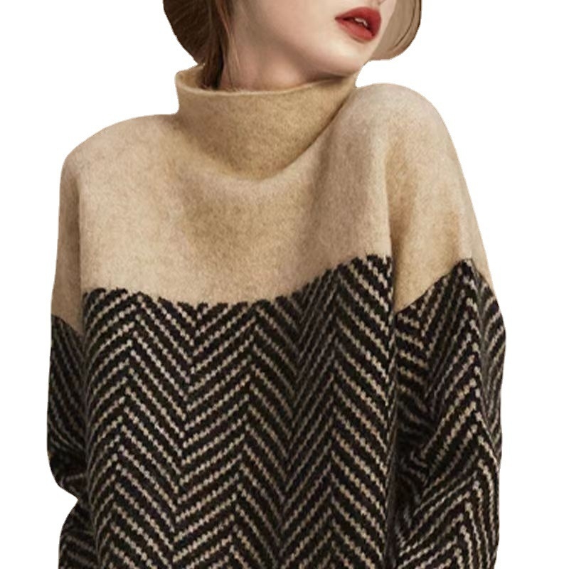 Džemper od poliestera, uzorak usklađen bojama, polu-visoki ovratnik, dugi rukav