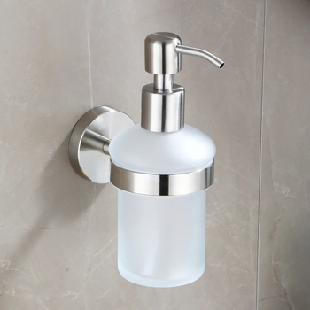 Διανομέας υγρών από ανοξείδωτο ατσάλι, επιτοίχιος — χειροκίνητη λειτουργία με πάτημα, φινίρισμα βουρτσισμένο, μοντέρνος μινιμαλιστικός σχεδιασμός, βάρος 410 g