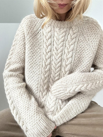 Pulover od pamuka i lana s geometrijskim uzorkom, debeli pleteni materijal, širok kroj