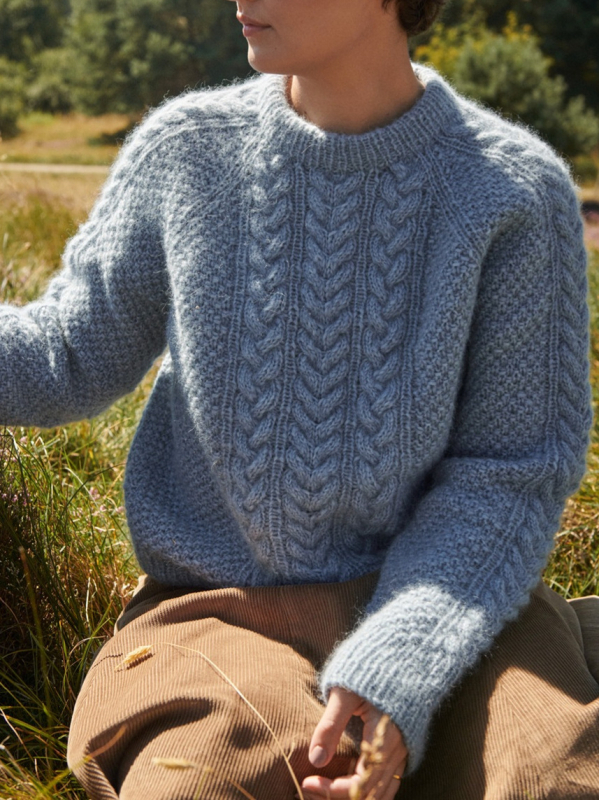 Pulover od pamuka i lana s geometrijskim uzorkom, debeli pleteni materijal, širok kroj