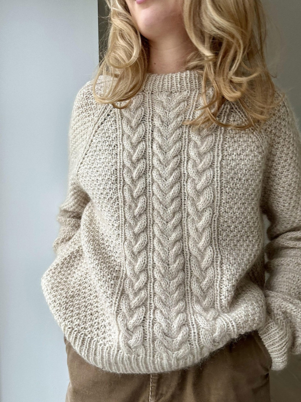 Pulover od pamuka i lana s geometrijskim uzorkom, debeli pleteni materijal, širok kroj