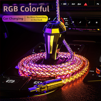 3-в-1 кабел за бързо зареждане и пренос на данни с Lightning/Micro USB/Type-C, корпус от цинкова сплав, ротиращ 90° конектор, градиентно осветление, до 120W