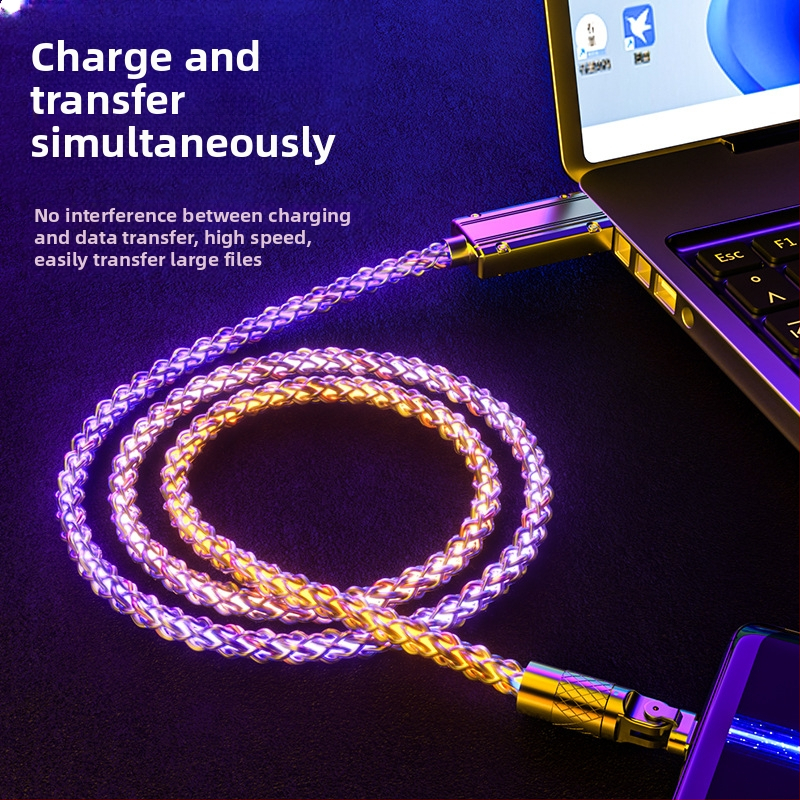 3-в-1 кабел за бързо зареждане и пренос на данни с Lightning/Micro USB/Type-C, корпус от цинкова сплав, ротиращ 90° конектор, градиентно осветление, до 120W