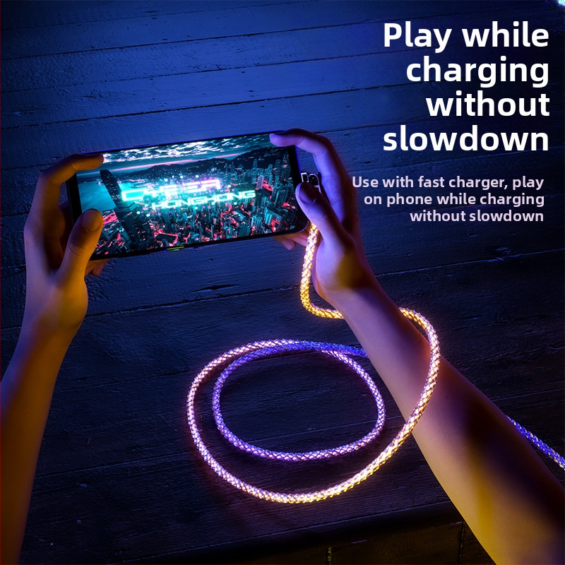 3-в-1 кабел за бързо зареждане и пренос на данни с Lightning/Micro USB/Type-C, корпус от цинкова сплав, ротиращ 90° конектор, градиентно осветление, до 120W